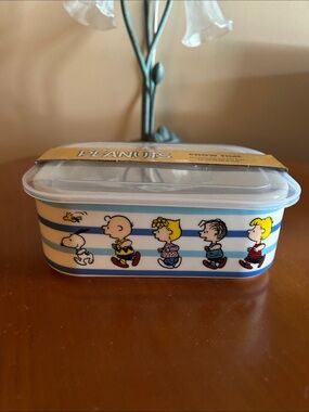 Peanuts Blue and White Striped Plastic Storage Box with Characters